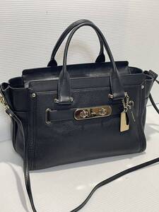 極美品 ■ COACH コーチ スワッガー 2WAY ショルダーバッグ ハンドバッグ 黒 本革 シボ革 ダブルチャーム