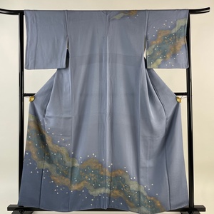 訪問着 身丈158cm 裄丈64.5cm M 袷 鈴乃屋 草花 霞 金彩 刺繍 青灰色 正絹 秀品 【中古】