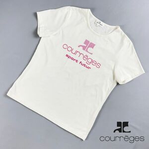 美品 Courreges クレージュ フロントロゴプリント クルーネック 半袖Tシャツ カットソー トップス レディース 白 ホワイト サイズ38*RC518