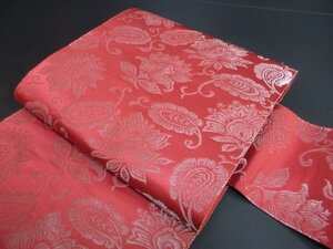 1円 良品 正絹 名古屋帯 和装 和服 アンティーク レトロ 赤 花唐草 草花 ペイズリー お洒落 六通柄 九寸帯 長さ333cm【夢職】★★★