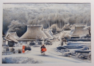 ◎色鉛筆での塗り絵・宅配８０サイズ・冬の茅葺のある風景画 風景画 田園風景画 (164×240)　絵画　色鉛筆画 イラスト