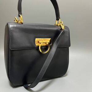 1円 SalvatoreFerragamo サルヴァトーレフェラガモ ガンチーニ 2WAY ハンドバッグ ショルダーバッグ ブラック系 ショルダー付き 正規品本物