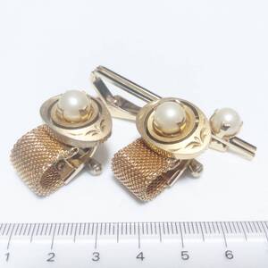 ◇CW87 カフリンクス フェイクパール カフス ネクタイピン セット ゴールド ラップアラウンド Wrap Cufflinks アクセサリー 送料無料 