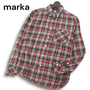 marka マーカ 秋冬★ 長袖 ボタンダウン チェック ネル シャツ Sz.2　メンズ グレー 日本製　A4T10212_9#B