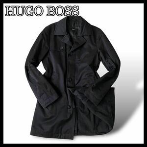 【美品!!】HUGO BOSS ヒューゴボス　トレンチコート　ロング丈　撥水可能　WATER REPELLENT ナイロン コート　黒　ブラック d102