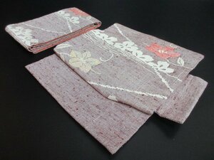 1円 良品 正絹 作り帯 軽装帯 簡易着物 付帯 紬 真綿 裂取 草花 鉄線 和装 お洒落【夢職】★★★