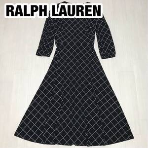  LAUREN RALPH LAUREN ローレン ラルフローレン ロングワンピース 4 ブラック×グリーン×ホワイト ロゴ総柄 七分袖 切り返し ストレッチ