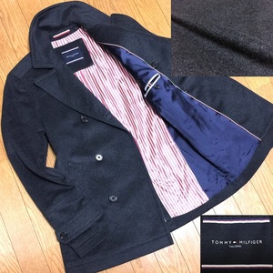 美品 TOMMY HILFIGER TAILORED トミーヒルフィガー ポーランド製 メルトンウール ストライプ裏地 ダブルブレスト Pコート メンズ 44 細身 M