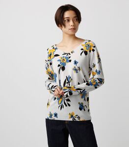 AZUL BY MOUSSY アズールバイマウジー【洗えるニット】フラワー柄Vネック長袖プルオーバー　ロングスリーブニット　グレー×ブルー