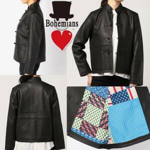 BOHEMIANS ボヘミアンズ 別注SHEEP OLDPATCHWORK TAFFETA CHINA JKT レザー チャイナ ジャケット パッチワーク 本革 羊革 レディース　黒色