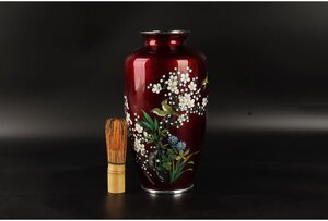 [URA]中国美術/七宝色絵花鳥紋花瓶/1323g・H24.5cm/9-12-140　(検索)骨董/花瓶/花器/花入/銅器/銅製