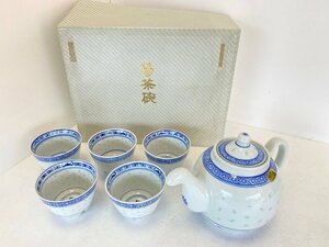 景徳鎮制 蛍茶碗 青華 染付 煎茶セット 湯呑 急須 中国 長期保管品 ☆ちょこオク☆80