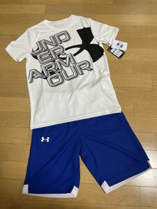 新品 アンダーアーマー　YXL 160cm 155cm 165cm パンツ　半袖Tシャツ　上下セット　短パン　キッズ　ジュニア　白　青　ブルー　ホワイト