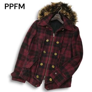 PPFM ペイトンプレイス 秋冬 リアルファー★ チェック柄 ウール ナポレオン Pコート Sz.S　メンズ　I4T03679_B#N