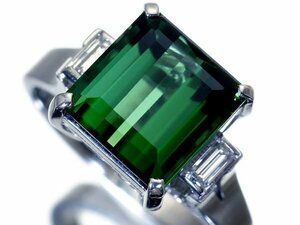 1円～【ジュエリー極】ディープグリーン煌く！大粒良質天然グリーントルマリン3.60ct＆ダイヤ0.11ct 高級Pt900リング k8880ou【送料無料】