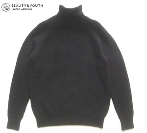 美品!!ユナイテッドアローズ ビューティ＆ユース UNITED ARROWS BEAUTY&YOUTH*タートルネック 肉厚リブ編みウールニットセーター M 黒