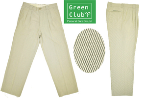 B-0055★超美品★GREENCLUBS グリーンクラブ★春夏 日本製 生成色 ストライプ 表面凹凸 ツータック スラックスパンツ 79cm