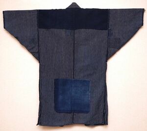 991A6◆野良着◆ボロ◆襤褸◆BORO◆縞◆筒袖◆接ぎ当て◆藍染木綿古布◆JAPAN BLUE◆ANTIQUE KIMONO