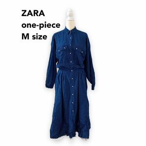 ZARA ザラ　ロングワンピース　長袖　総柄　ストライプ　ネイビー　Mサイズ　ロング丈　バックシャン