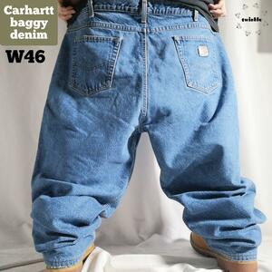 Carhartt カーハート デニムパンツ 裏地付き チェック柄ライナー 極太 バギー ワイド ビッグサイズ W46 メンズ 4XL相当 ブルー 古着 3297