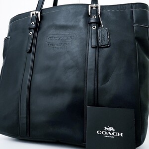 1円■超美品■COACH コーチ 型押しロゴ オールレザー トートバッグ ビジネス ブリーフケース 大容量 A4 メンズ レディース ブラック 黒