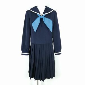 1円 セーラー服 スカート スカーフ 上下3点セット 165A オリーブデオリーブ 冬物 白1本線 女子 高知西部中学 紺 中古 ランクC NA6483