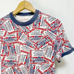 70s ビンテージ バドワイザー 総柄 プリント Tシャツ 企業 ビール物 70年代 Budweiser beer物 バイカー チョッパー