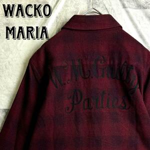 美品 WACKO MARIA ワコマリア バックロゴ ウール オンブレチェック ネルシャツ エンジ ボルドー ワイン 赤紫 M