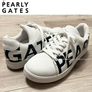 1度着 美品 パーリーゲイツ 30周年 サイドロゴ スパイク シューズ 24.5cm 白 ホワイト レディース 靴 PEARLY GATES 