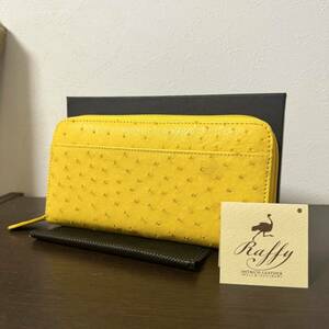 【未使用品】本物 オーストリッチ本革 Raffy(ラフィ) 長財布 ロングウォレット ラウンドファスナー メンズ レディース 金運up イエロー①