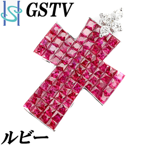 GSTV ルビー ペンダントトップ ダイヤモンド K18WG クロス 十字架 ミステリーセッティング 美品 中古 SH96349