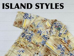 ☆送料無料☆ ISLAND STYLES 古着 ハワイ製 ヤシの木 風景 胸ポケット付き アロハシャツ メンズ S トップス 中古 即決