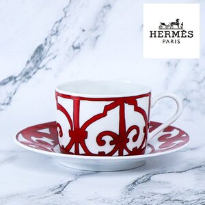 【1円/きれいめ】エルメス HERMES ガダルキヴィール Guadalquivir カップ&ソーサー 1客 コーヒーカップ 陶磁器 ホワイト×レッド 50280