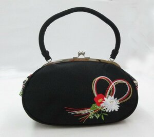 cherry★z3995pz★お買い得★振袖用 二尺袖用 バッグ単品 ちりめんタイプ 刺繍入り★黒系★街歩き 普段使いも お土産【中古品】