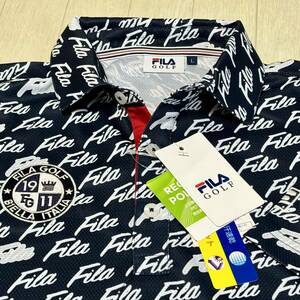 新品★フィラ ゴルフ FILA GOLF 総ロゴプリント 吸汗速乾 半袖ポロシャツ★ネイビー★サイズL★送料185円