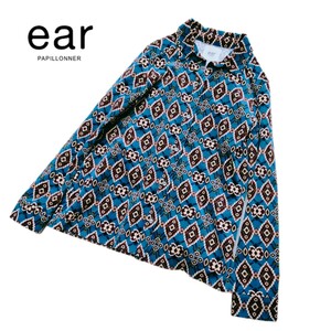 ear PAPILLONNER*イア パピヨネ*オルテガ柄*長袖シャツ*コーデュロイ*ブラウス*総柄*レディース*青系*ストレッチ*伸縮性