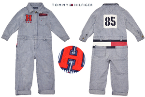 T-0191★美品★TOMMY HILFIGER トミーヒルフィガー★正規品 ヒッコリーデニム オーバーオール サロペット つなぎ 子供キッズ 100cm