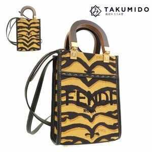 フェンディ FENDI 2WAY ハンドバッグ サンシャイン ショッパー ミニ 8BS051 タイガー イエロー系 ゴールド金具 キャンバス 中古A 275917