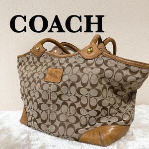 美品COACHコーチセミショルダーバッグトートバッグブラウン茶シグネチャー総柄