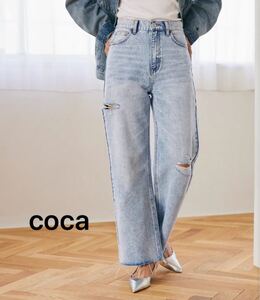 coca コカ　デニム ジーンズ ダメージ スリット クラッシュ カットオフ ワイド ポケット ロング丈 ブルー　Lサイズ