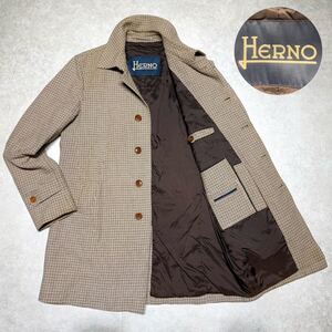 極上の逸品●ヘルノ HERNO●ウール チェック柄 ステンカラーコート ロング丈 Lサイズ48 ベージュ 比翼 イタリア 最高峰 メンズ ビジネス