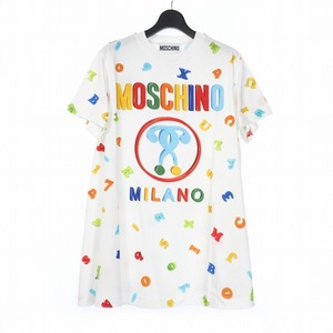 モスキーノ MOSCHINO 20SS ダブルクエスチョン プリント ワンピース Tシャツ カットソー 総柄 38 ホワイト 白 A0445 レディース