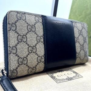 極美品●GUCCI グッチ メンズ ビジネス 長財布 ラウンドファスナー GGスプリーム エデン スムース GG柄 レザー 本革 PVC 型押し ロゴ 黒