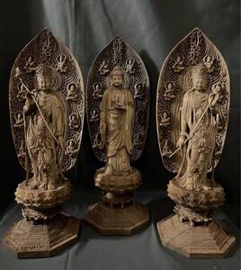 仏教工芸品　木彫仏教　精密彫刻　極上品　仏師で仕上げ品　薬師如来三尊立像