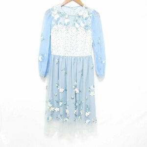 新品同様 chesty チェスティ Embroidery Tulle Onepiece フラワー刺繍 パフスリーブ ひざ丈 チュールワンピース 0 ライトブルー系 ◆