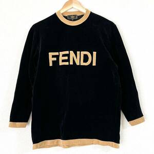 フェンディ FENDI★イタリア製 ベロア カットソー 38★ロンT 長袖 胸元ロゴ ビッグロゴ Tシャツ トレーナー ベルベット ブラック 古着