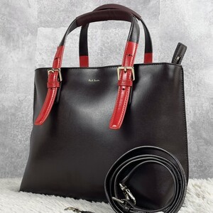 美品 Paul Smith ポールスミス カラードチップ 2WAY トート ショルダー メンズ オールレザー ロゴ ステッチ 通勤 通学 書類 ファスナー 茶