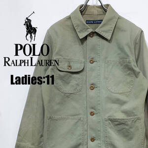 レディース11 L相当 / 90s RALPH LAUREN オールド ラルフローレン ミリタリー カバーオール グリーン カーキ ワーク ジャケット 古着