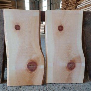 C-1614 　国産ひのき　耳付節板　2枚セット　テーブル　棚板　看板　一枚板　無垢材　桧　檜　DIY
