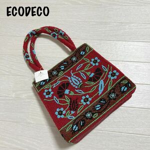 未使用　ECODECO エコデコ　総ビーズバッグ　赤　レッド　ハンドバッグ　花柄　おしゃれ　ビーズバッグ